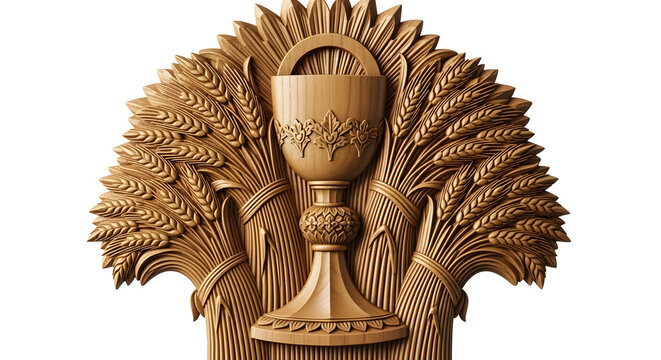 A beautifully crafted wooden sculpture of a chalice surrounded by wheat