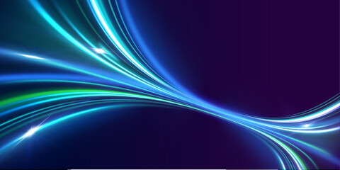 Fototapeta premium Light trails curve along a glowing futuristic road. Motion blur enhances speed and dynamic energy. Perfect for tech and racing themed designs.