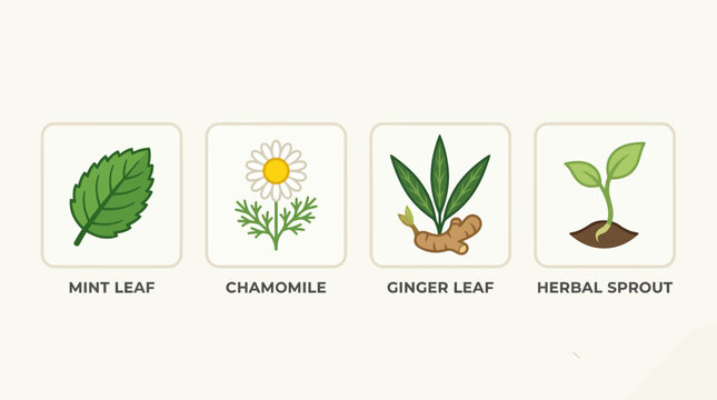Collection of four illustrated botanical elements mint leaf, chamomile, ginger root, and a growing plant sprout