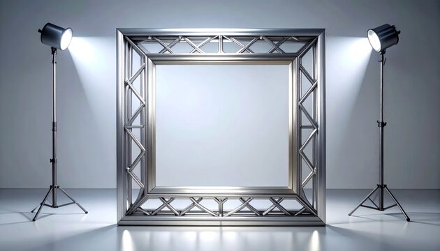 Illuminated Square Metal Truss Frame with Spotlight Lighting.