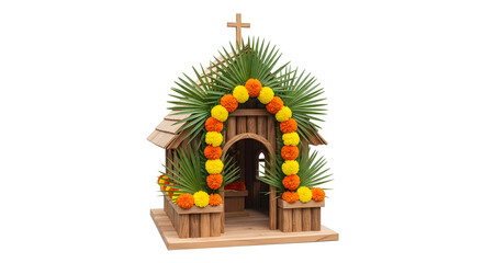 Fototapeta premium A small wooden church decorated with colorful flowers and greenery for a festive celebration