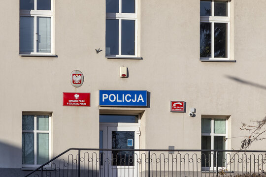 Szklarska Poreba, Poland - December 16, 2025: POLICJA sign on the Polish police station, featuring the national emblem in Szklarska Poreba