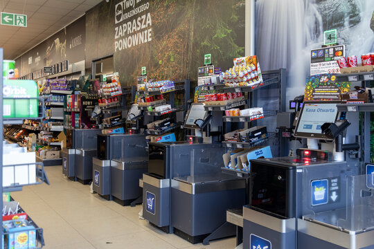 Szklarska Poreba, Poland - December 16, 2025: Unmanned modern Lidl self-checkout machines await shoppers, promoting automated convenience and retail efficiency in a bustling supermarket