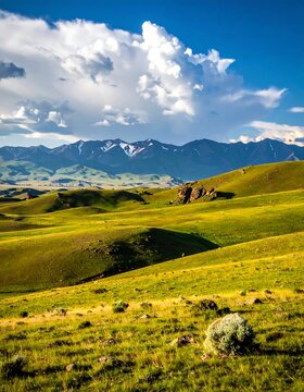 Lush, green rolling hills beneath a bright blue sky with clouds and distant snowy mountains