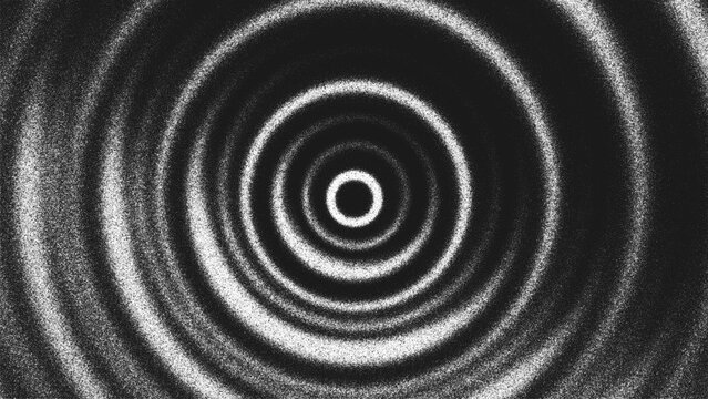 Concentric circles made of stippling dots forming ripple waves on dark background. Radial ripple pattern created from thousands of individual dots. glowing concentric circles in monochrome grain style