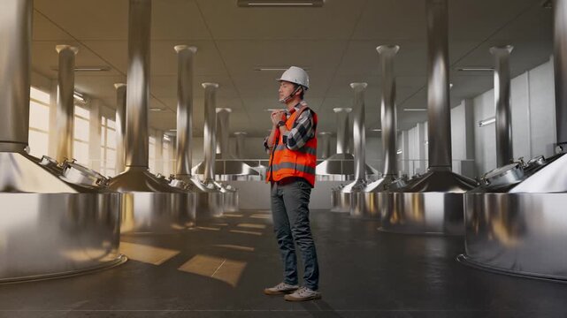 Full Body Side View Of Asian Male Engineer With Safety Helmet Pray For Something While Standing at Stainless Steel Brewing Vats in Beer Manufacturing Plant