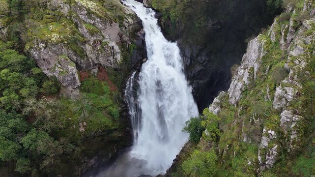 Scenic Toxa Waterfall In Quint&aacute;s, Silleda, Spain - Drone Shot