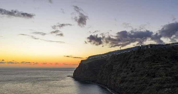 Cliffs and Atlantic Ocean along the coast of Calheta at twilight on the island of Madeira, Portugal. Aerial timelapse hyperlapse, copy space