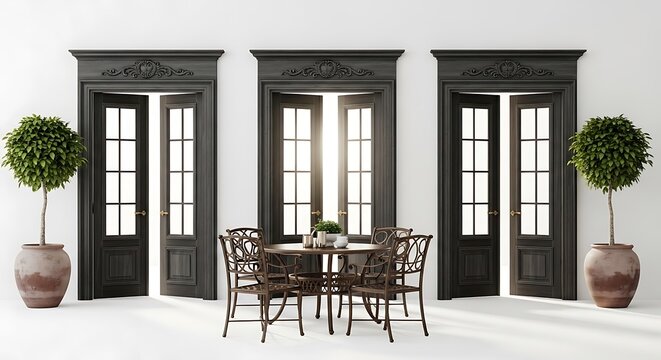 Modern patio set with table and chairs outside three open doors