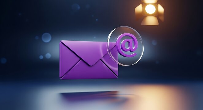 Purple Email Envelope with At Symbol in a Digital Space.