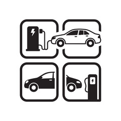 Naklejka premium Electric Vehicle Charging Station Icon Set Featuring Modern Sedan and Power Supply. 