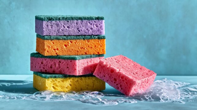Colorful kitchen sponges stacked in a pyramid formation with bubbles on a blue surface, showcasing various vibrant colors and textures for cleaning purposes