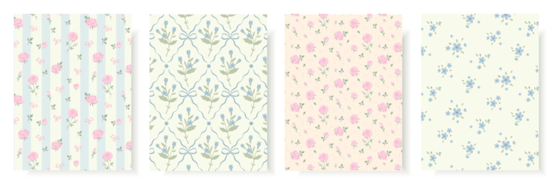 Set of four vintage seamless patterns featuring romantic pink roses blue wildflowers cute bows and stripes. Elegant cottagecore background for textile wallpaper or wedding stationery design.