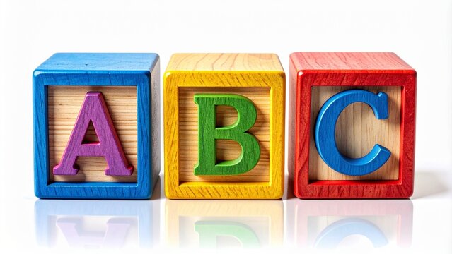 白い背景に孤立したカラフルな木製のアルファベット積み木（ABC）、子供用教育玩具
Colorful wooden alphabet blocks (A B C) isolated on white background, educational kids toy