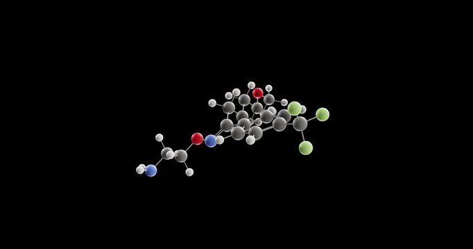 Fluvoxamine molecule, rotating 3D model of antidepressant, looped video on a black background
