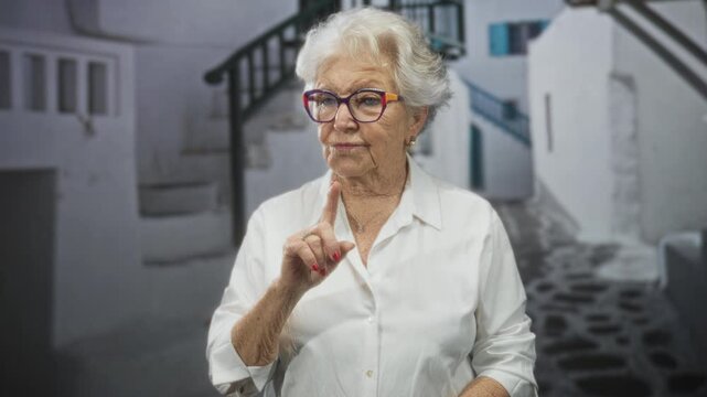 Senior woman points index finger up, wearing colorful glasses and white shirt in a narrow stone street with stairs and railing; firm warning.