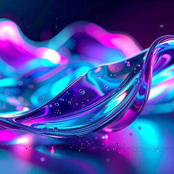 Flie&szlig;endes fl&uuml;ssiges Glas mit Neon-Leuchten, abstrakte Wellenbewegung in Cyan und Magenta, generative KI.