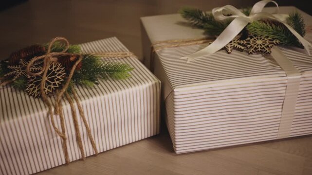 Two Christmas Gifts Wrapped in Striped Paper With Festive Ribbons and Pine Sprigs - Close Up