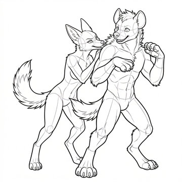 Female jackal playful nipping scruff of male hyena.