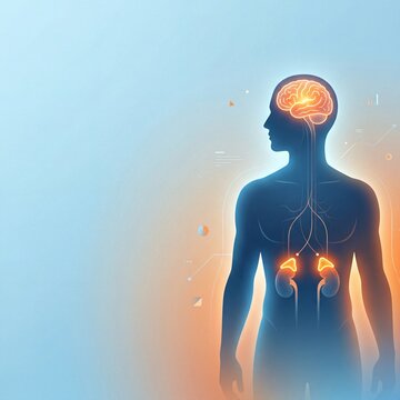 human body silhouette with brain, nervous system and adrenal glands, medical infographic
