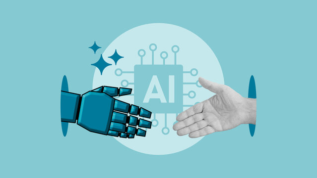 AI-assisted work concept showing human collaboration with artificial intelligence, productivity enhancement, automation, hybrid workflow, teamwork, digital tools, innovation and future of work