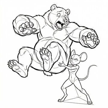 Comedic huge male bear jumping into female mouse arms.