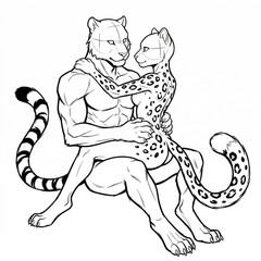 Fototapeta premium Female snow leopard sitting on male tiger lap base.