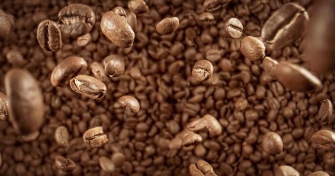 Close up of seeds of coffee. Fragrant coffee beans Super Macro Close Up. Shot on super slow motion camera 1000 fps.