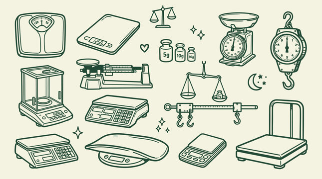 Weighing Scales Set Different Types Line Art Vector Illustration