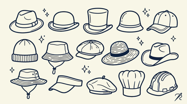 Hat Collection Doodle Illustration, Various Headwear Styles
