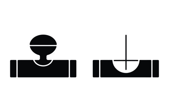Black silhouette of a spirit level tool and plumb bob