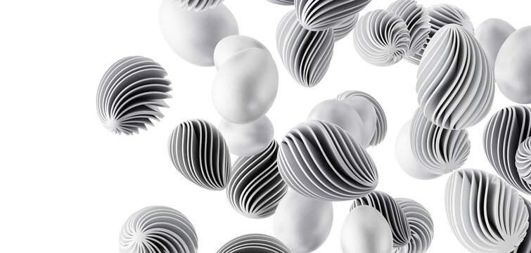Abstract white and grey 3D objects float against a white background. This image conveys a sense of calmness, m