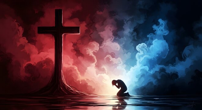 Powerful spiritual imagery featuring a person in a pose of surrender before a flaming cross. Intense red and blue lighting creates a moody, conceptual atmosphere of faith