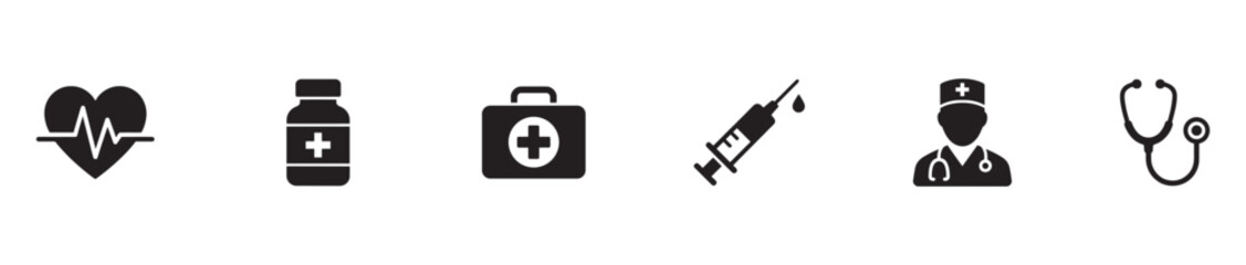 Fototapeta premium Healthcare and medical services black glyph icons set. Vector Illustration. EPS 10