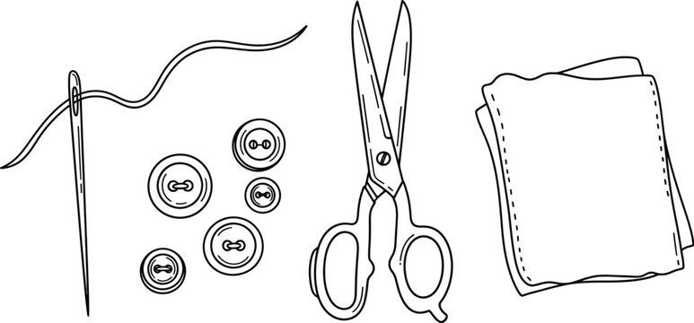 Sewing tools set with needle thread buttons scissors fabric illustration