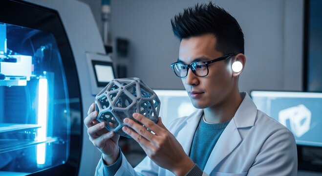 Additive manufacturing 3D printing industry concept, design engineer manufacturer inspecting complex printed lattice structure in prototyping lab, innovation engineering precision future production
