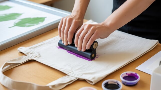 Hands of an artist applying purple ink with a roller to a canvas tote bag during a block printing workshop