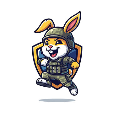 Energetic cartoon rabbit in military gear jumping in front of shield