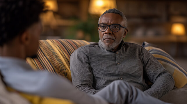 Father and adult son sit on opposite ends of therapy office couch, tissues box between them signals emotional breakthrough in generational silence around feelings, perfect for family therapy, mascul