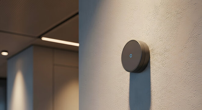 Modern Smart Home Automation Controller Mounted on Wall in Contemporary Office Interior with Minimalist Design