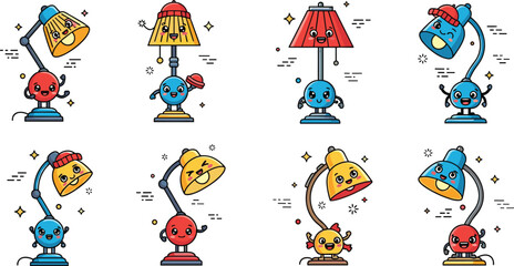 Fototapeta premium Cute cartoon desk lamp characters set with funny expressions colorful lighting mascots vector illustration isolated on white background