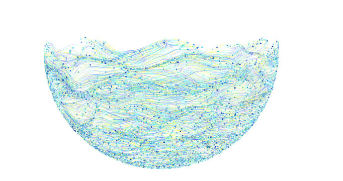 Abstract colorful digital art showing fluid like waves, simulating water or energy in a unique form on white. Perfect fo