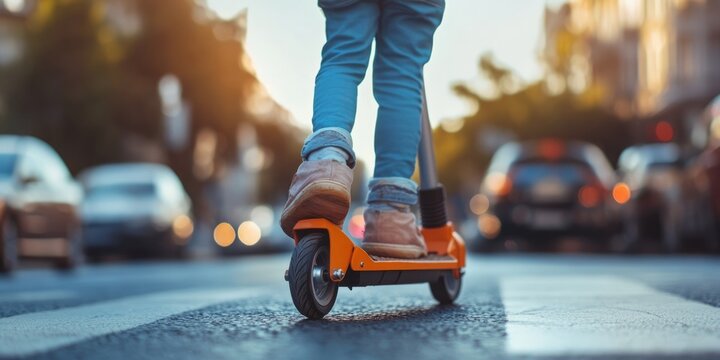 A teenager's legs close up riding a scooter on a road on a sunny day