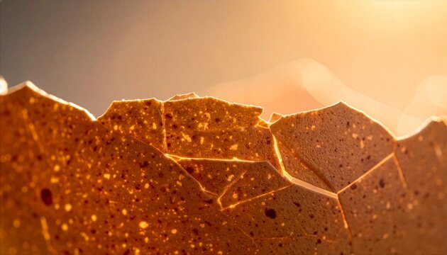 Macro close up of cracked eggshell backlit by warm light