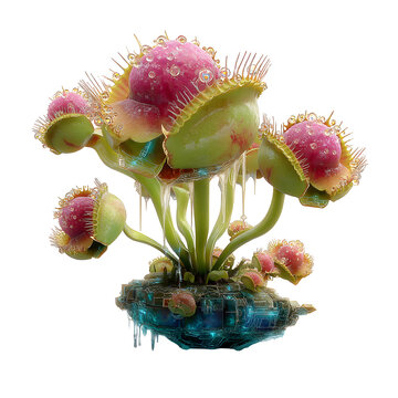 Exotic carnivorous plant with vibrant pink traps and dew drops glistening under ethereal light.