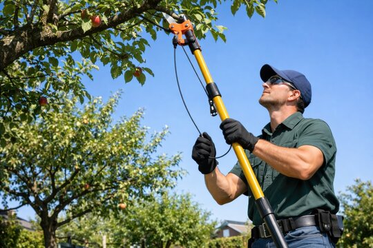 Safe tree maintenance from ground concept features male gardener operating pole pruner on fruit tree, upward reach cutting technique, responsible spring pruning workflow, home orchard care