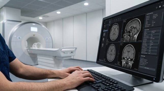 Brain scan analysis in MRI room with neurologist hands on keyboard clean medical workflow concept modern diagnostic technology neurology research radiology data review healthcare scene