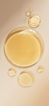 Face serum cosmetic texture. Beauty product circle sample on beige background. Liquid gel moisturizer 3d rendering.