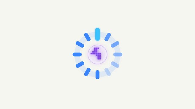 A graphic motion animation of a purple pixelated cross in a blue sunburst