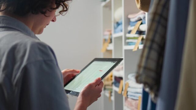 Organized Interior, Fashionable Girl Designer Focusedly Holds Electronic Tablet Conducts Accounting Database, In Slow Motion Beautiful Woman Makes an Online Purchase at a Warehouse, Shopping Center